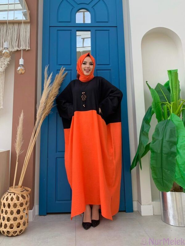 turuncu siyah tesettür elbise