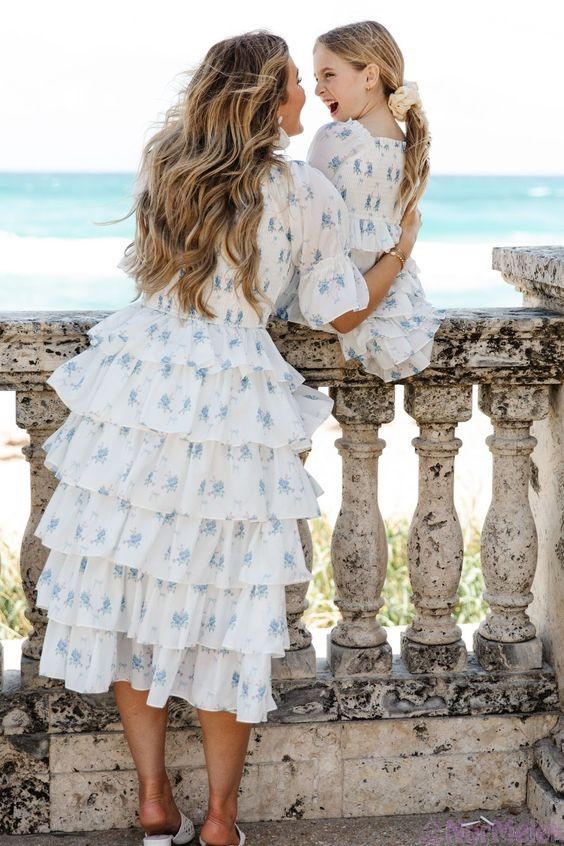 anne kız yazlık beyaz mavi elbise 2024
