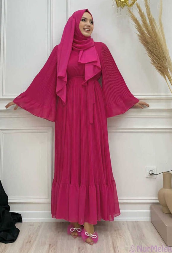 fuşya yazlık şifon pliseli tesettür elbise 2024