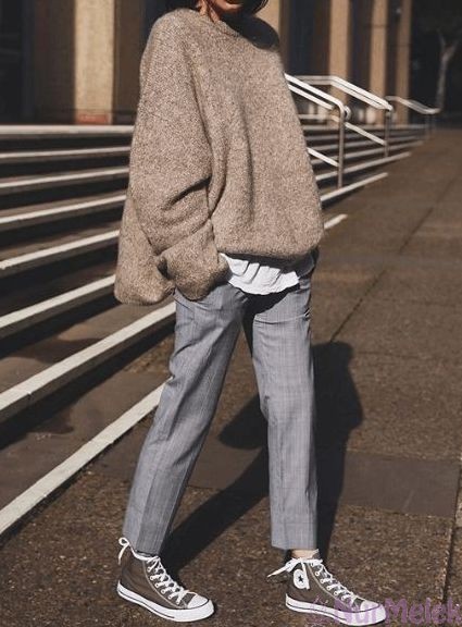 gri pantolon oversize kazak kombini