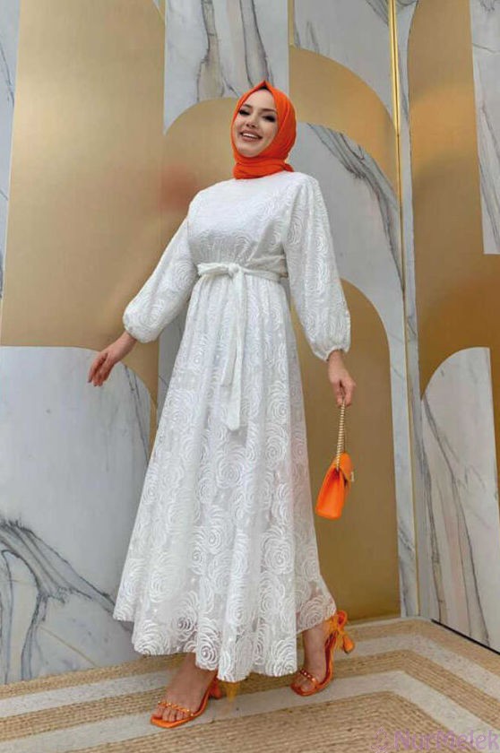 beyaz sade tesettür nikah elbisesi 2024
