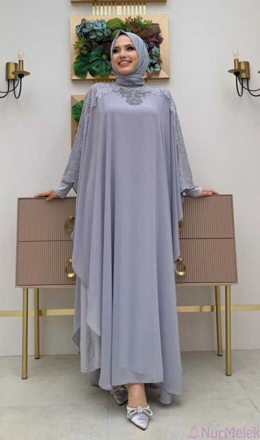 gri dantelli tesettür imam nikahı elbisesi