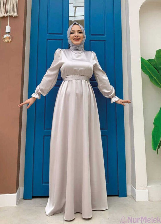 gri saten tesettür nikah elbisesi 2024