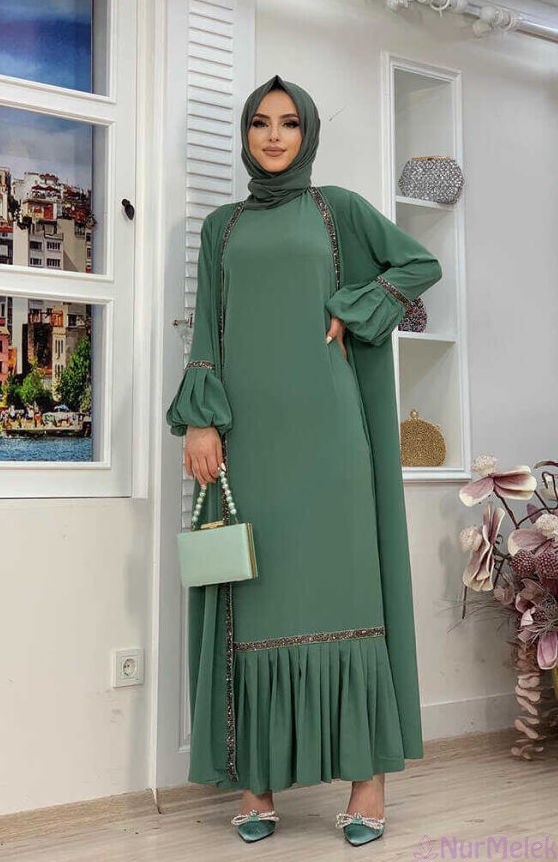 mint yeşili şal abaya takım kombin