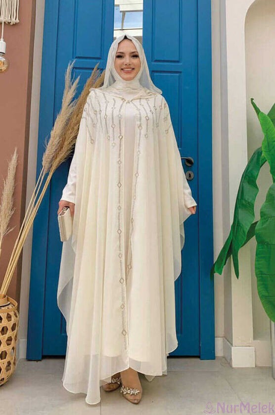 pelerinli şifon tesettür nikah elbisesi 2024