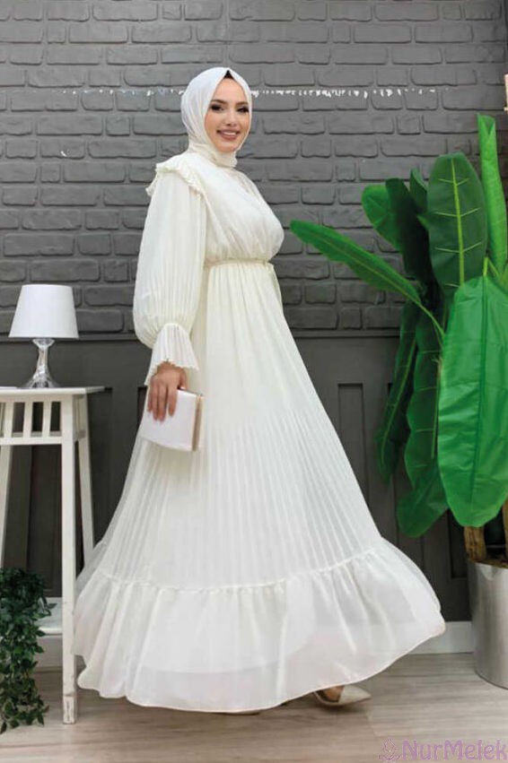 pliseli beyaz tesettür imam nikahı elbisesi