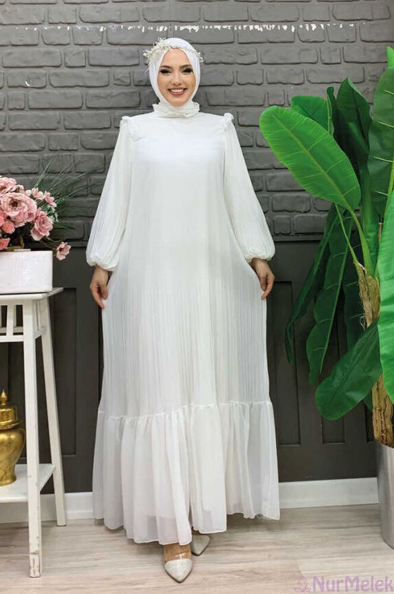 sade şifon beyaz tesettür nikah elbisesi 2024