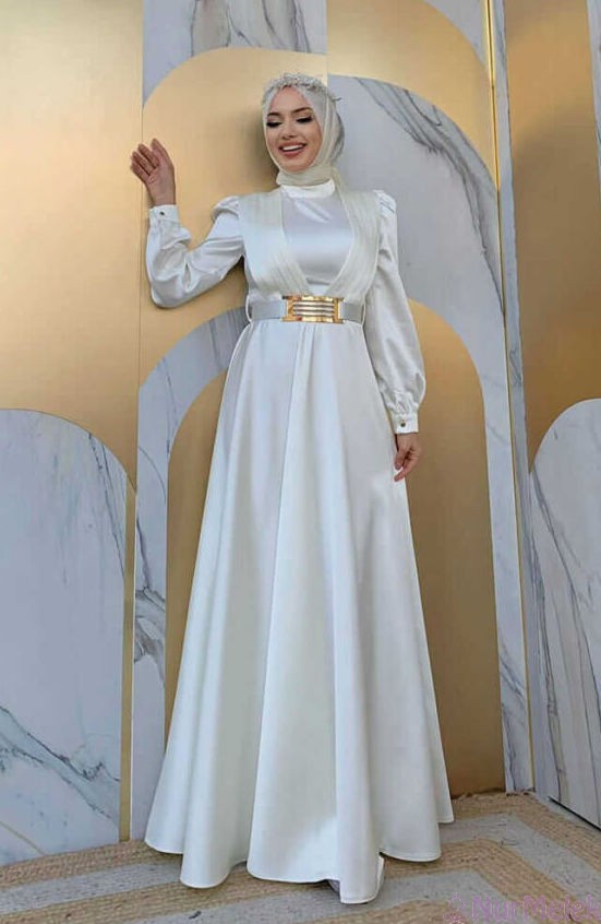 saten kemerli tesettür nikah elbisesi 2024