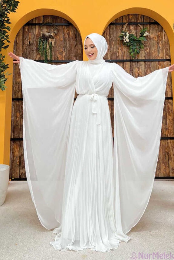 şifon sade beyaz tesettür nikah elbisesi 2024