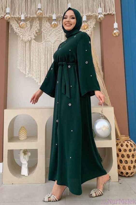 taş detaylı zümrüt tesettür imam nikahı elbisesi