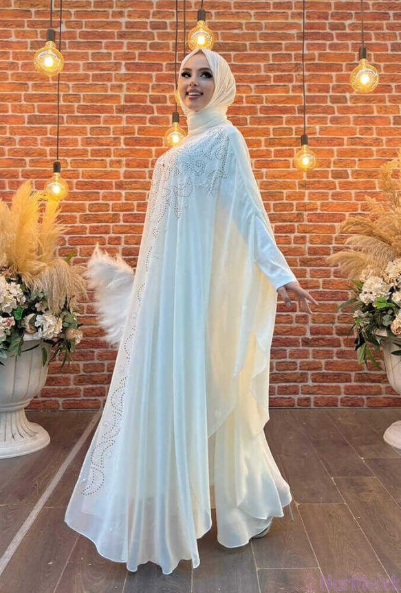 taş işlemeli ekru tesettür nikah elbisesi 2024