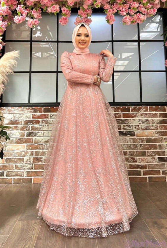 tül simli pudra tesettür nikah elbisesi 2024