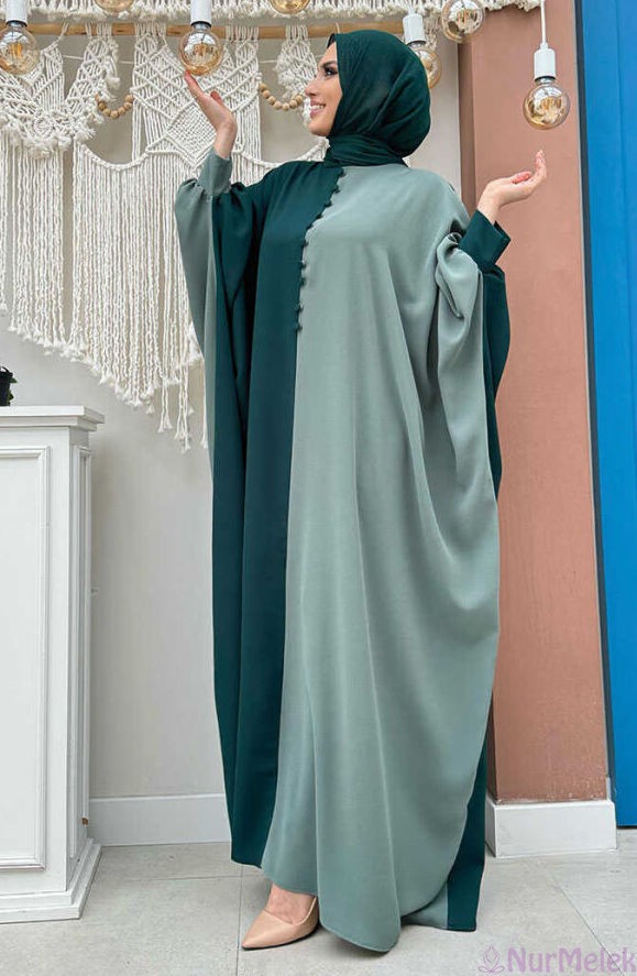 çift renk düğme detaylı modern tesettür elbise