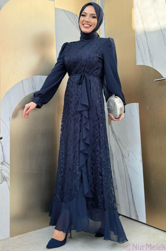 dantel görünümlü lacivert modern tesettür elbise