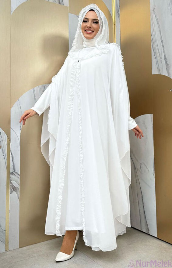 kapşonlu hafızlık beyaz tesettür elbisesi