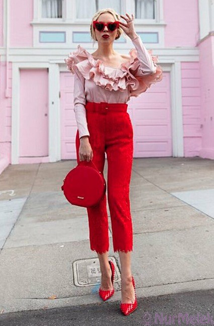 fırfırlı pudra bluz kırmızı pantolon