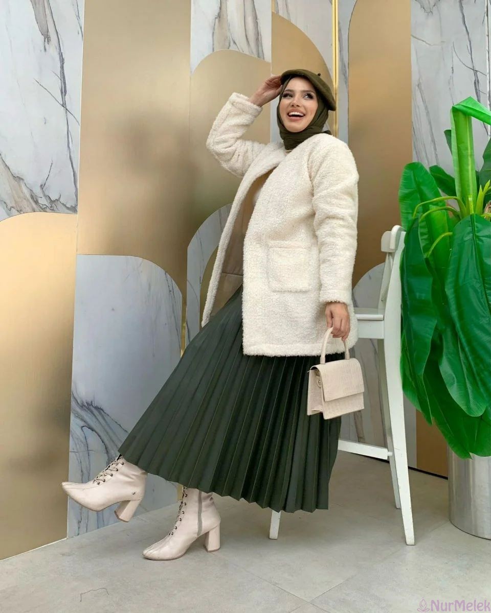 kışlık tesettür etek peluş ceket kombini