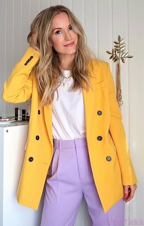 sarı blazer ceket lila pantolon kombini