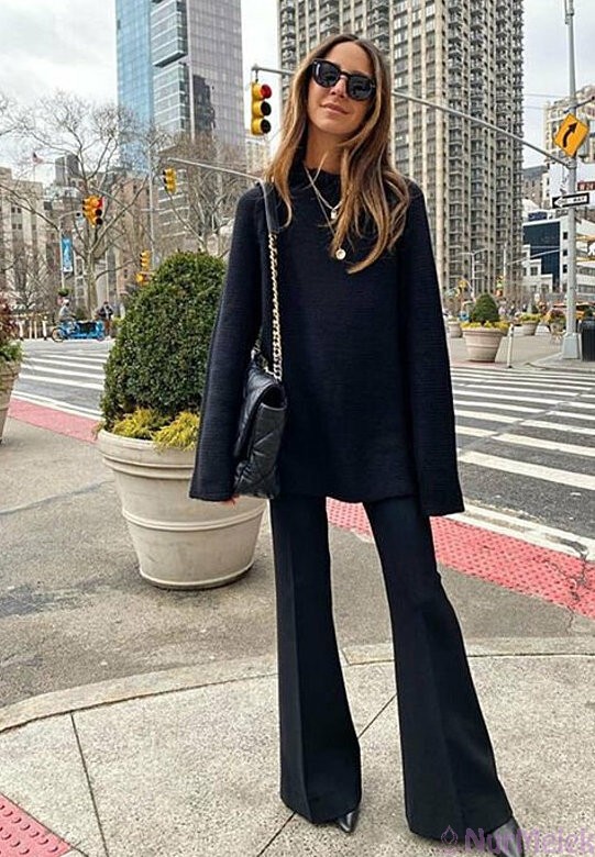 uzun boylu kadın siyah ispanyol pantolon kombini