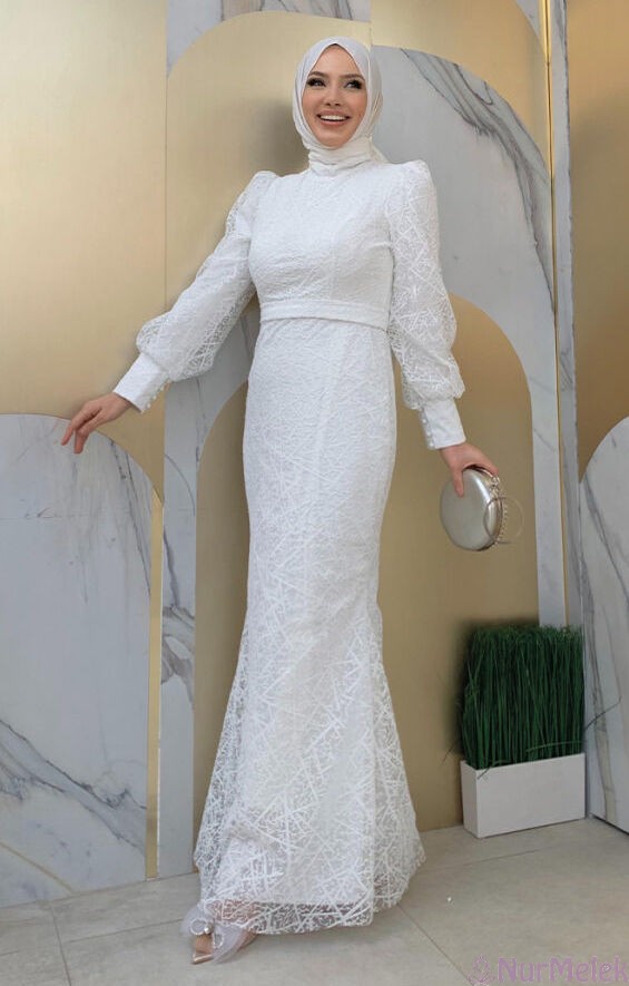 after party tesettür simli beyaz abiye elbise