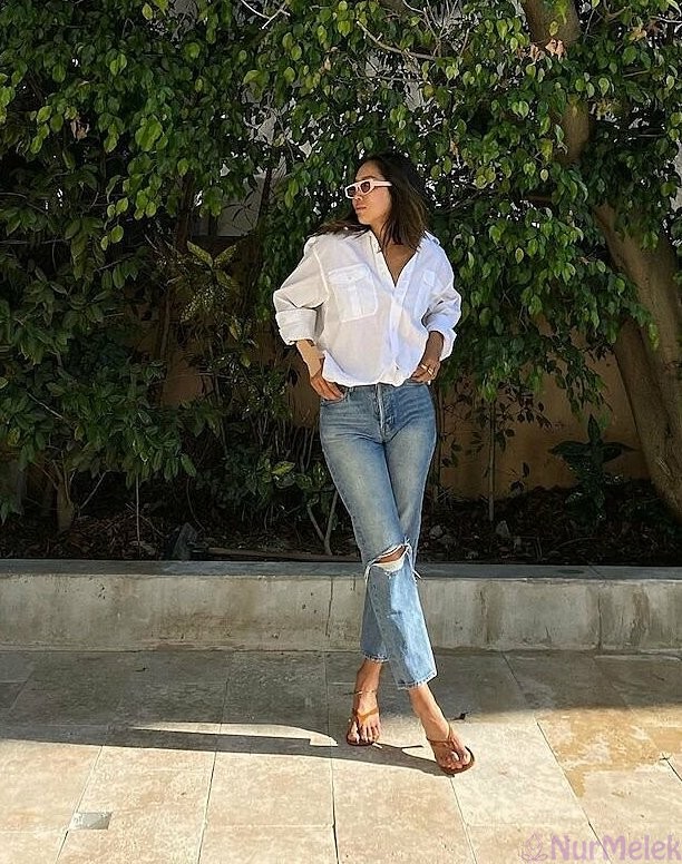 günlük beyaz oversize gömlek kot kombini