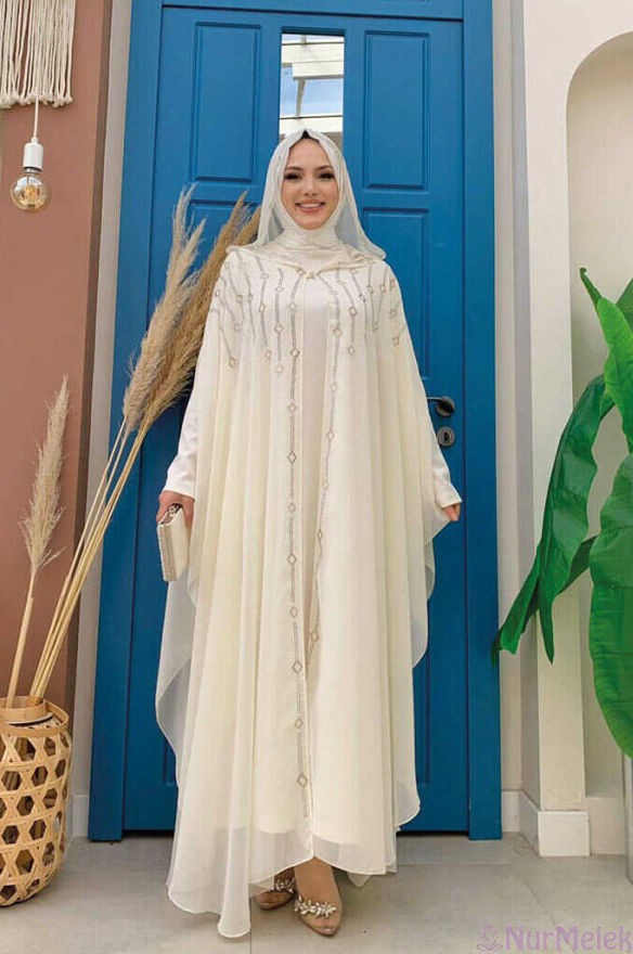 kapşonlu ekru tesettür abaya elbise takım