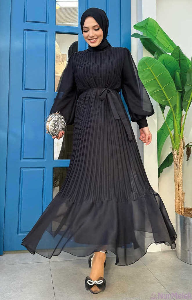 pliseli siyah tesettür mezuniyet elbisesi 2024