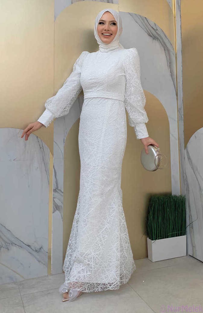 simli dantelli beyaz tesettür mezuniyet elbisesi 2024