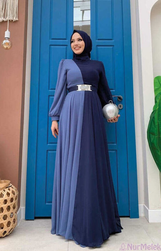 çift renk lacivert tesettür mezuniyet elbisesi 2024
