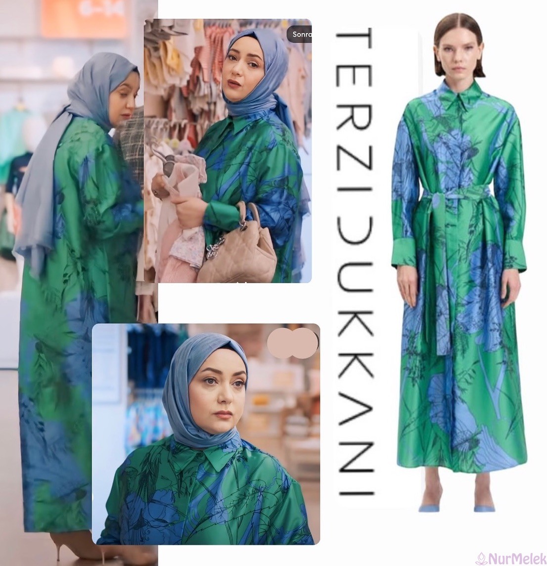 Kızılcık Şerbeti Pembe desenli yeşil elbise