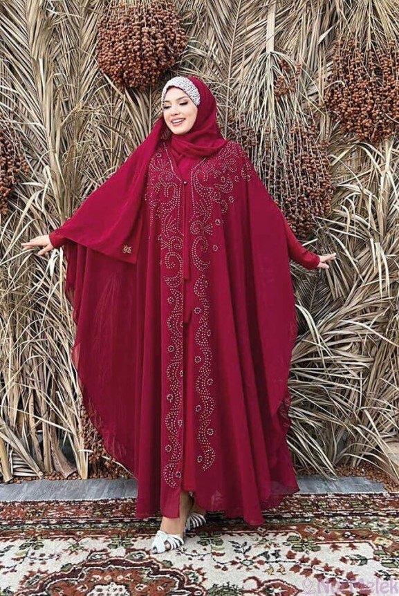 bordo işlemeli tesettür anne abiye modeli