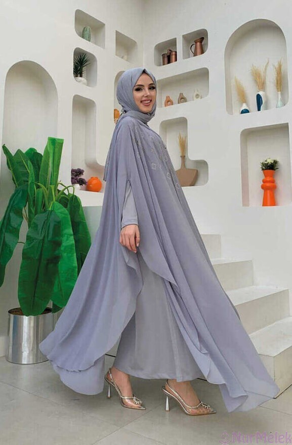 gri kapşonlu tesettür anne abiye modeli