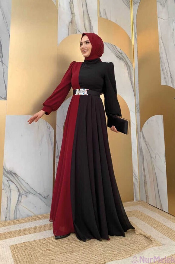kemerli çift renk şifon tesettür anne abiye modeli