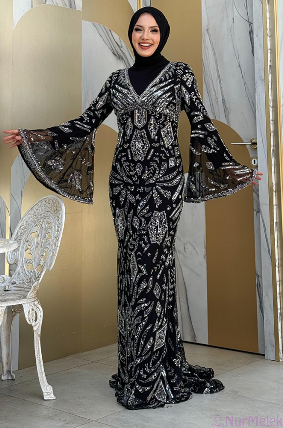 volan kollu taşlı özel tesettür anne abiye modeli