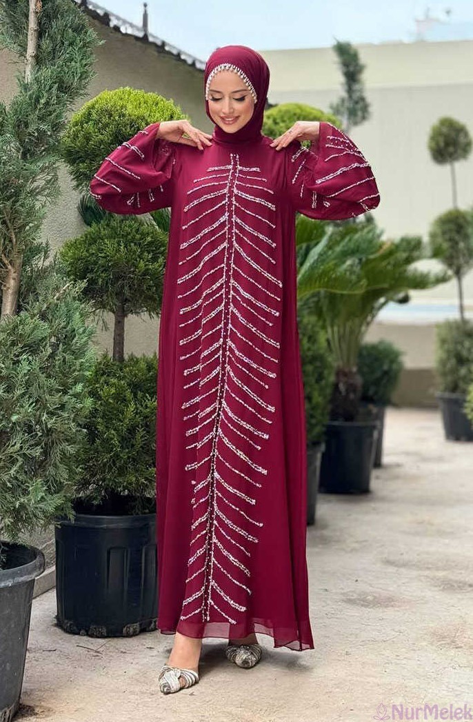 komple taş detaylı bordo 50 yaş üstü tesettür abiye