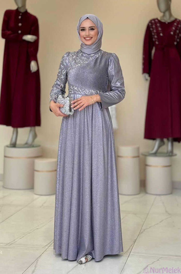 simli taşlı gri tesettür elbise