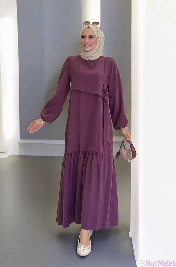 bağlamalı mor mezun öğrenci annesi tesettür elbise modeli
