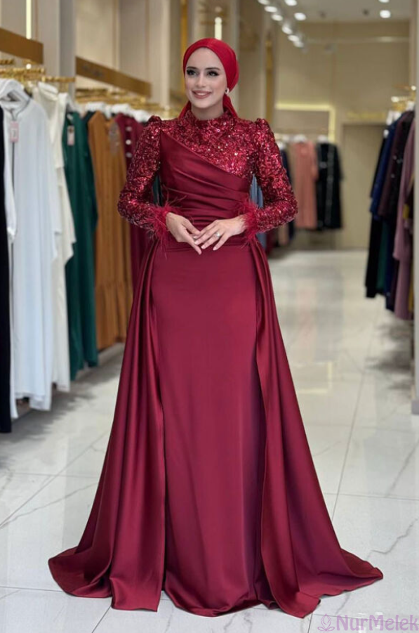 bordo saten söz tesettür abiye elbise