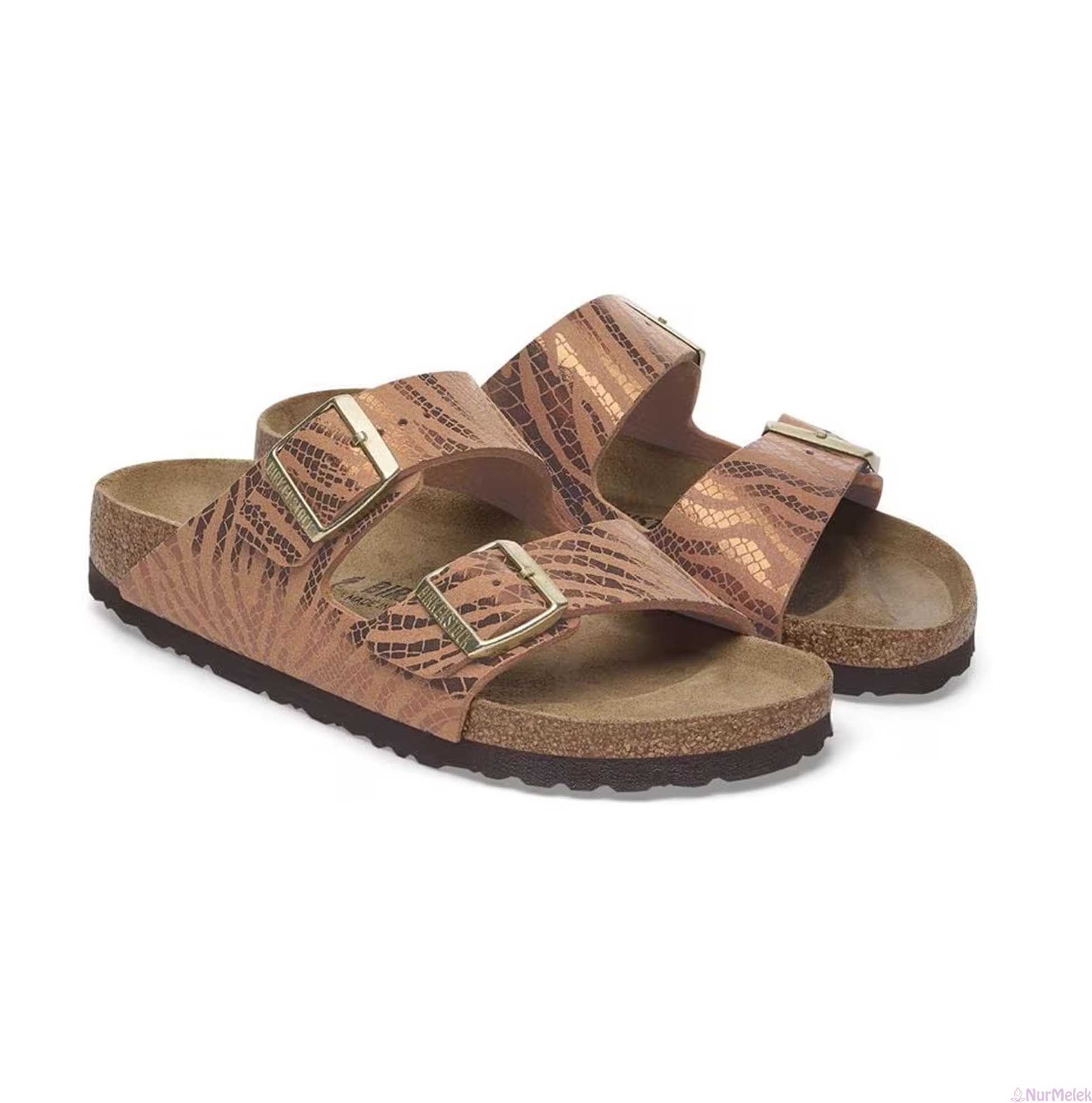 desenli kahverengi çift bantlı Birkenstock kadın terlik 2025