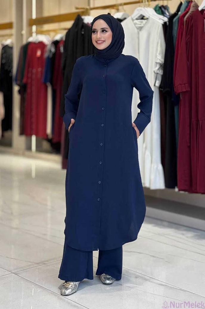 düğmeli cepli lacivert tunik pantolon tesettür takım 2026