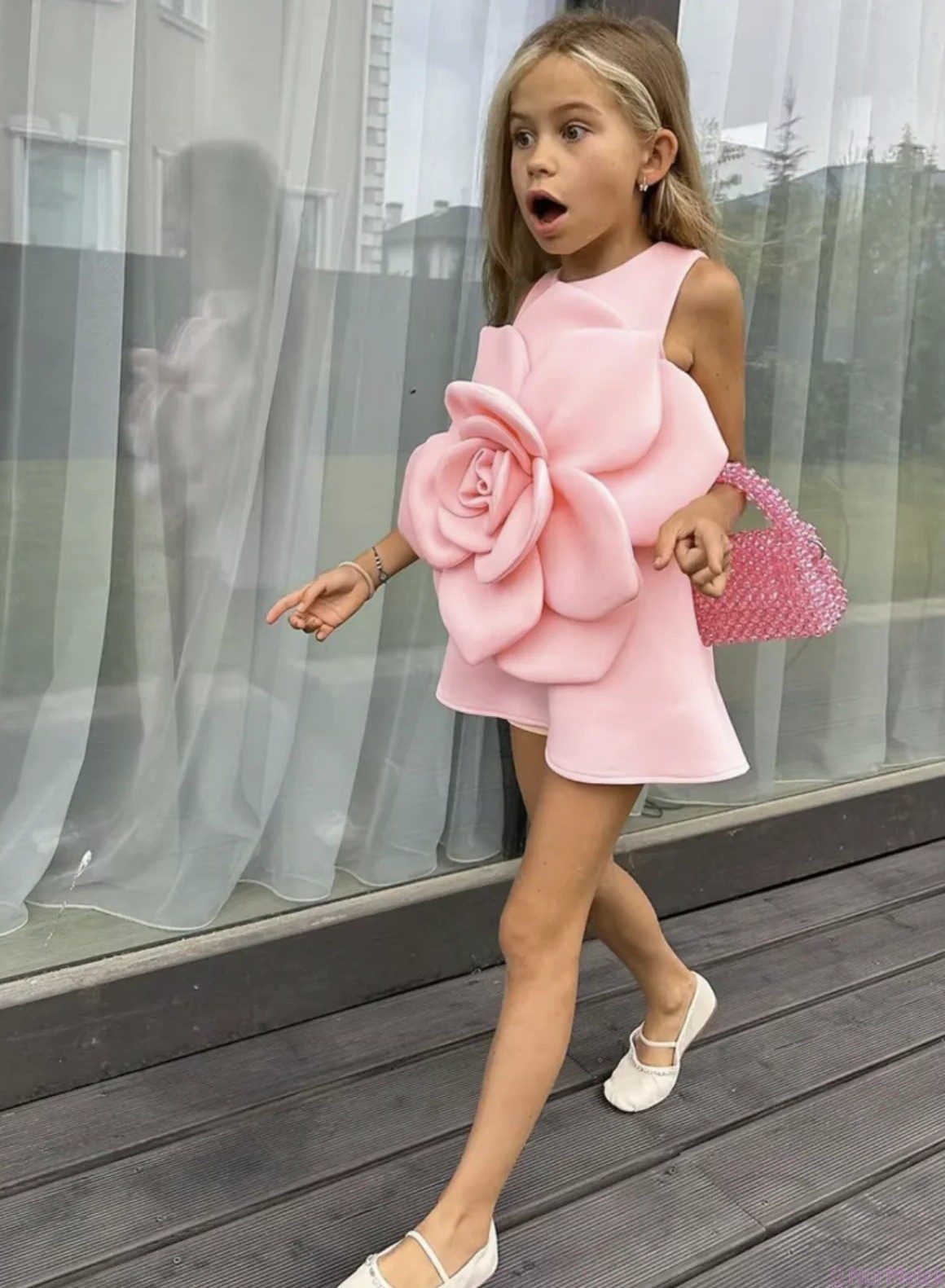 pembe güllü kız çocuk abiye elbise 2026