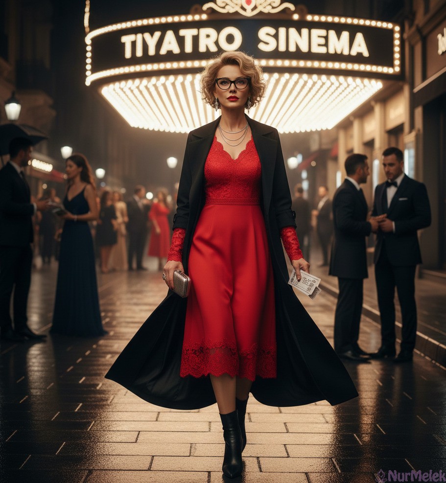 kırmızı elbiseli sinema tiyatro kombini