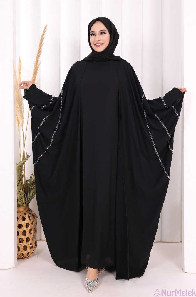 taş işlemeli siyah hac umre abaya modeli