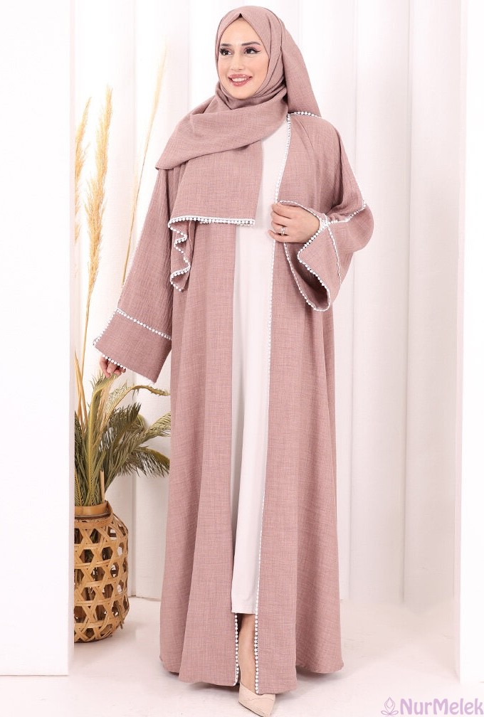 geniş omuzlular için tesettür keten abaya takım