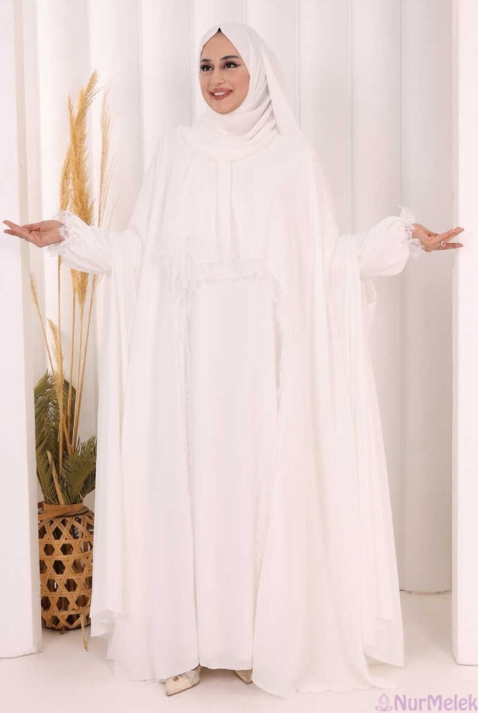 dantel detaylı bayan beyaz elbise abaya hac umre takımı