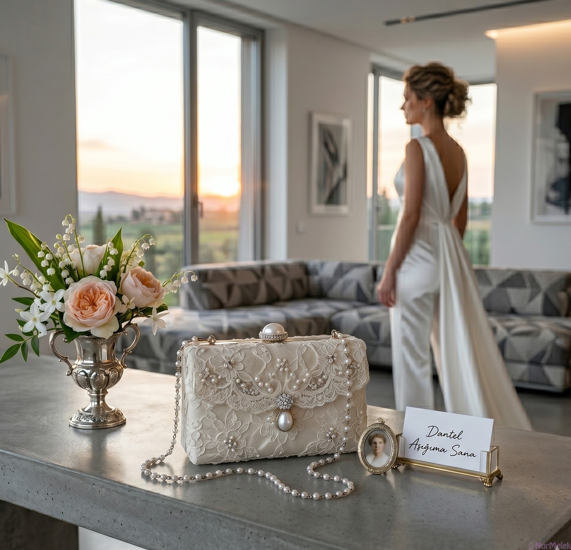 İncili Zincirli ve Broş Detaylı Dantel Gelin Çantası Modeli
