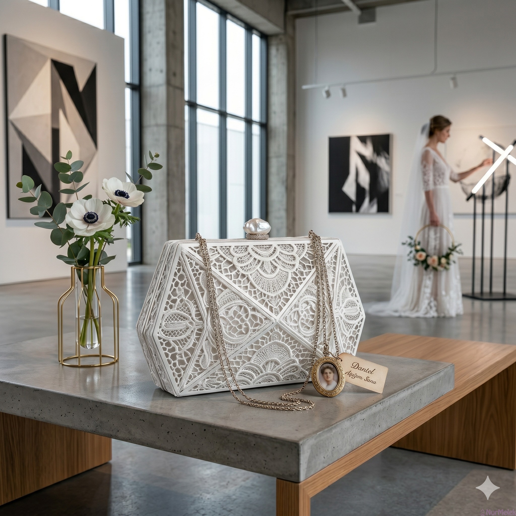 Modern Konseptli Geometrik Dantel Gelin Çantası Modeli