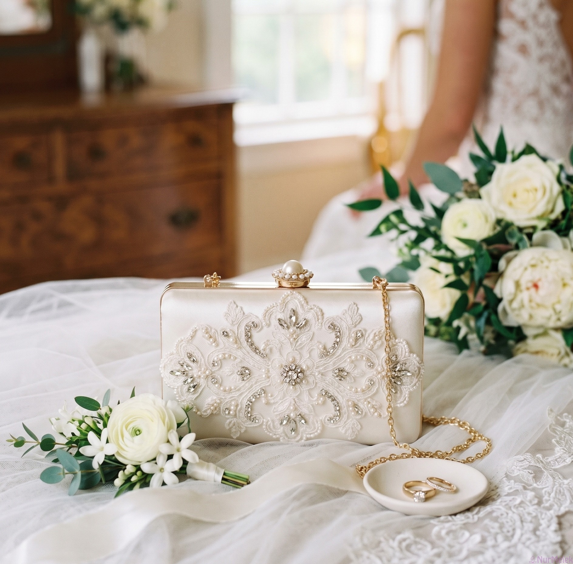 Nakışlı ve İnci Süslemeli Sert Kapaklı (Clutch) Gelin Çantası Modeli