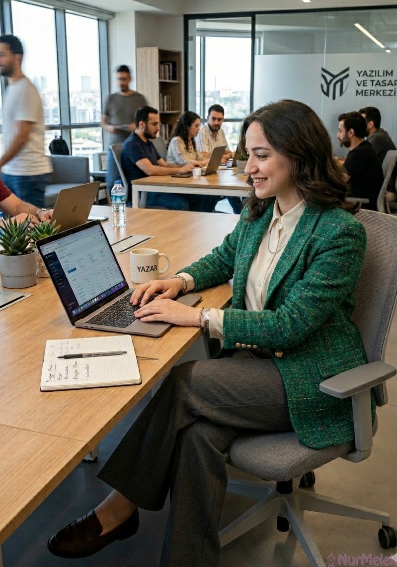 Şık Yeşil Tweed Ceket ve Koyu Füme Pantolon Kombini