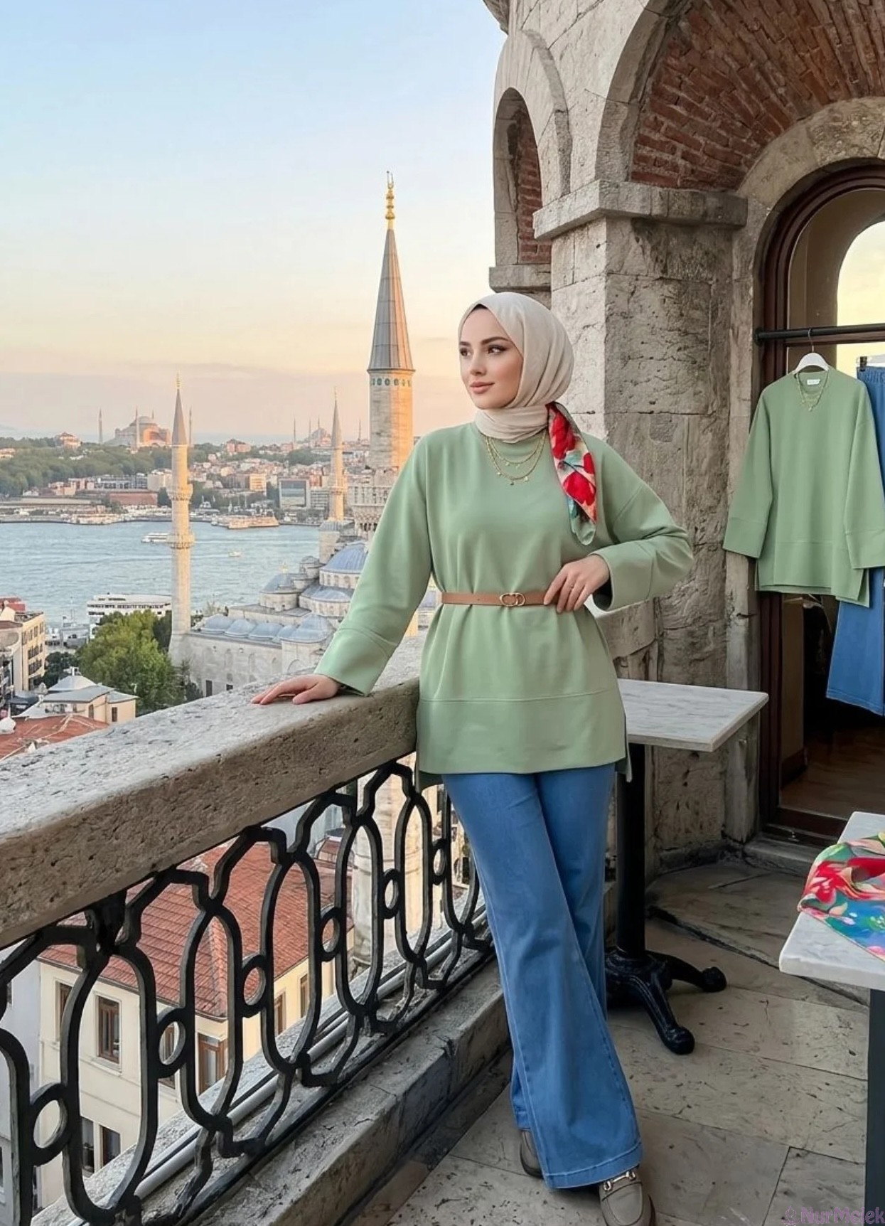 Günlük Belden Bağlamalı Yeşil Tunik ve İspanyol Paça Pantolon